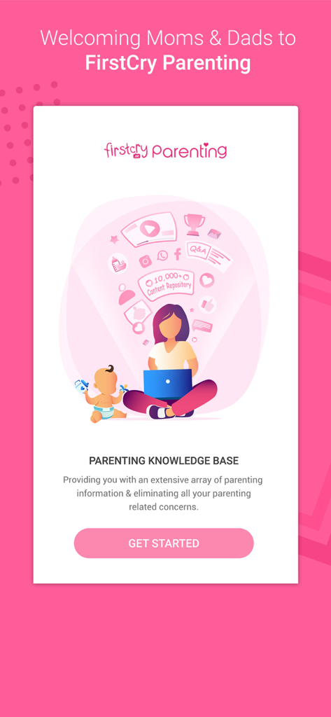 FirstCry Arabia: Baby & Kids - Une femme utilisant un ordinateur portable avec un bébé à proximité sur l'écran de la base de connaissances FirstCry Parenting