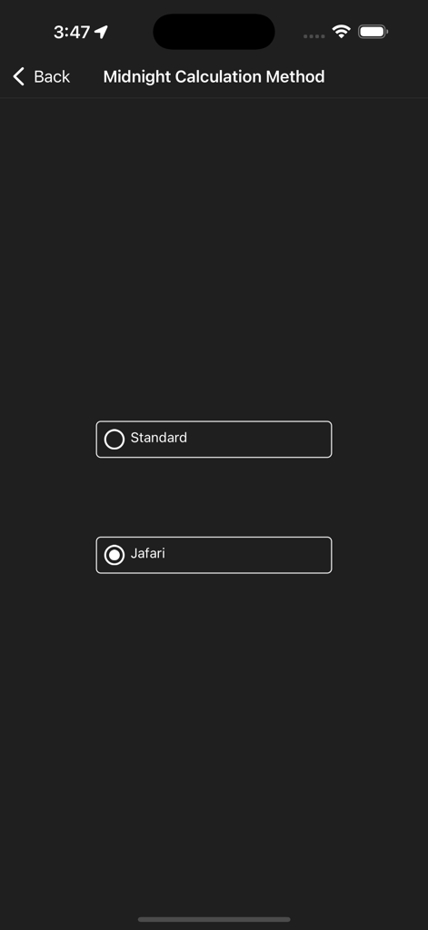 Ramadan Dashboard - A settings screen in the Ramadan Dashboard app showing options to choose between Standard and Jafari for the midnight calculation method.