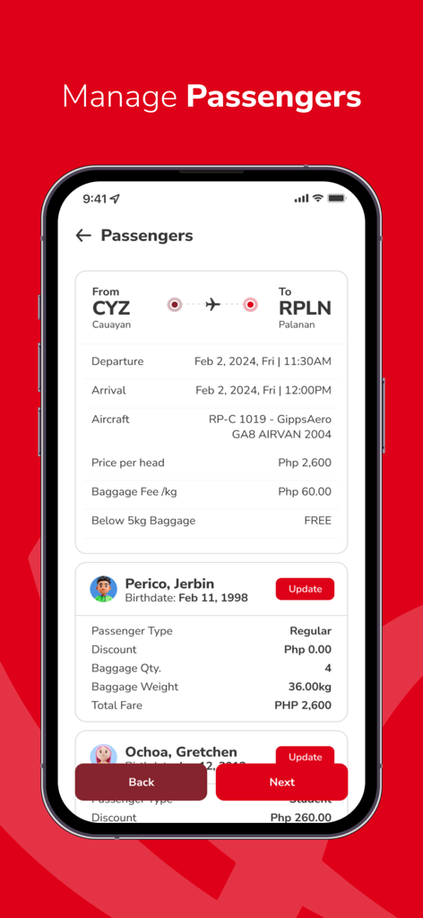 Sky Pasada - Sky Pasada app screen for managing passengers showing flight details from Cauayan to Palanan and passenger lists
