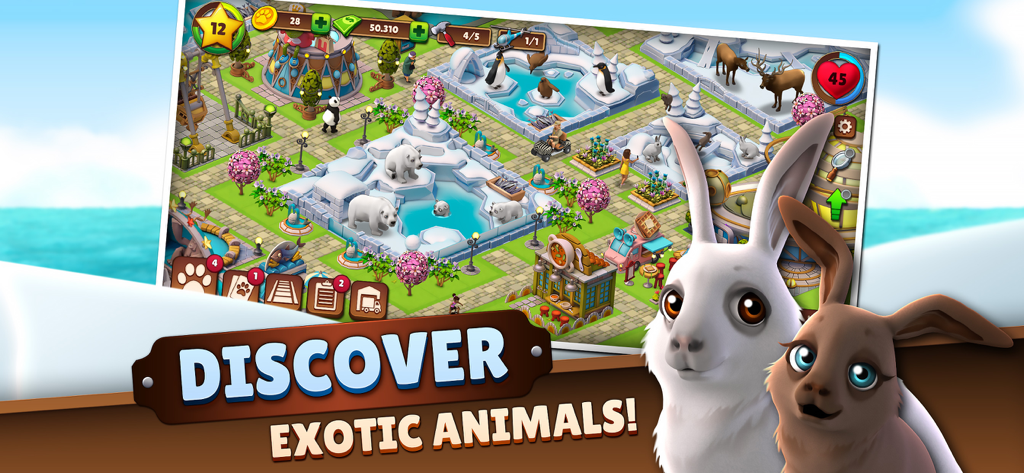 Zoo Life: Animal Park Game - Un diseño de zoológico temático ártico en Zoo Life Animal Park Game con osos polares y pingüinos.