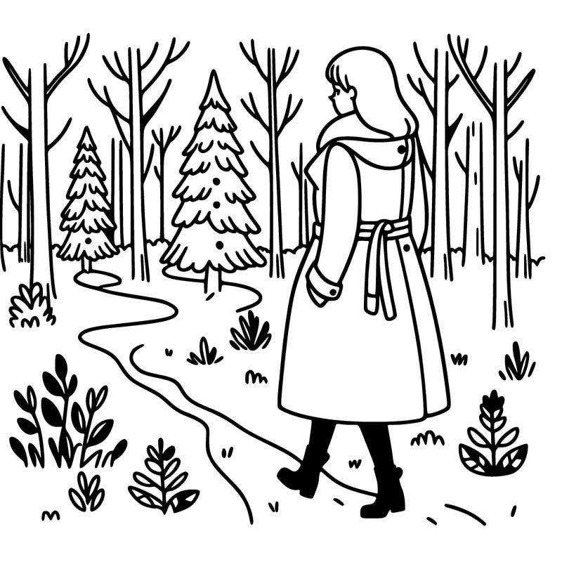 a woman in a long coat walking in the woods
