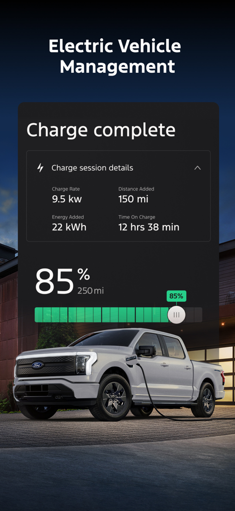 Pantalla de la aplicación Ford que muestra el estado de carga del vehículo eléctrico y los detalles de la sesión para una F-150 Lightning