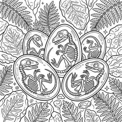 Journey back to the age of dinosaurs with this captivating coloring page featuring embryonic dinosaur eggs. Discover the intricate details of developing dino skeletons nestled within their ancient shells, ready for your creative touch.