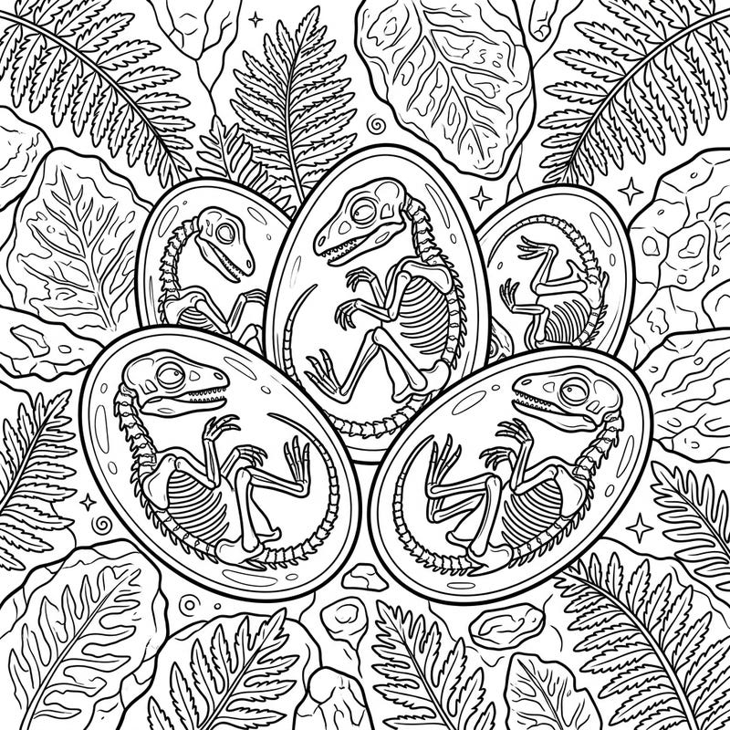 Journey back to the age of dinosaurs with this captivating coloring page featuring embryonic dinosaur eggs. Discover the intricate details of developing dino skeletons nestled within their ancient shells, ready for your creative touch.