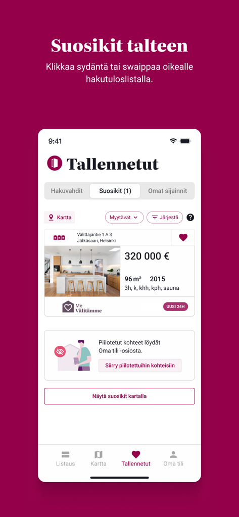Etuovi.com - The saved listings and favorites interface of the Etuovi real estate mobile app.