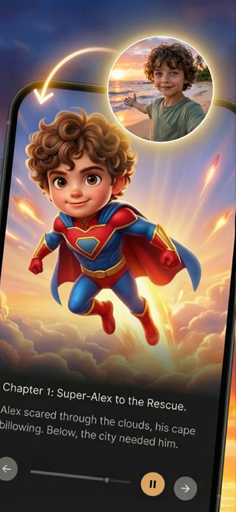 Fable: The AI Story Generator - Fable app interface showing a child's photo transformed into an AI-generated superhero character for a personalized digital storybook