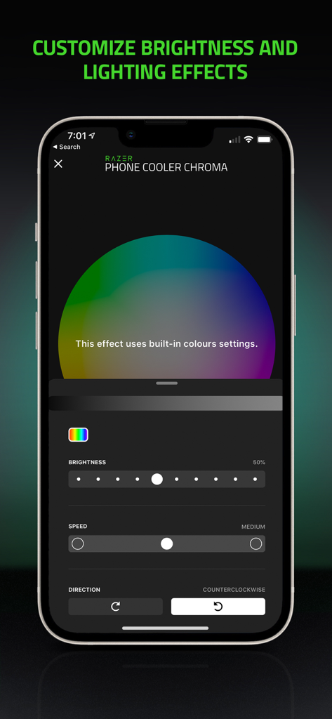 Razer Phone Cooler - Razer Phone Cooler Chroma app screen for customizing lighting brightness and effects