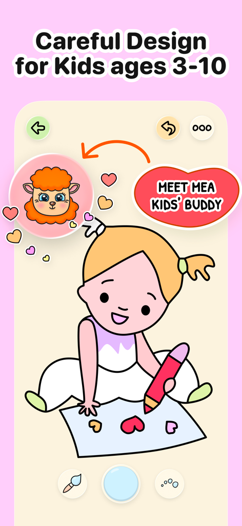AI-Free Kids Coloring • Mea - Digital coloring app interface for kids aged 3 to 10 featuring Mea the sheep character and a girl drawing