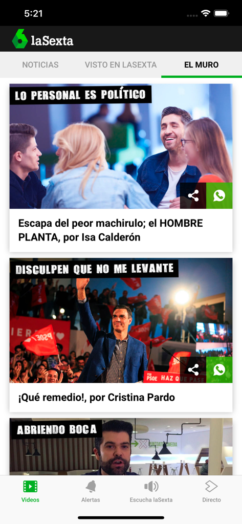 laSexta news app interface displaying current events and opinion columns