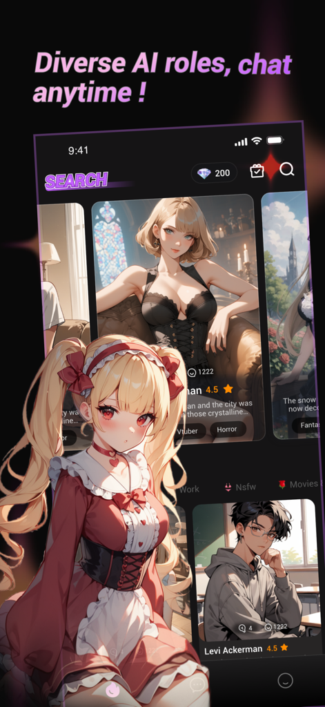 Cupid AI: Virtual Companion - Interface showing diverse anime AI characters for virtual chat and roleplay