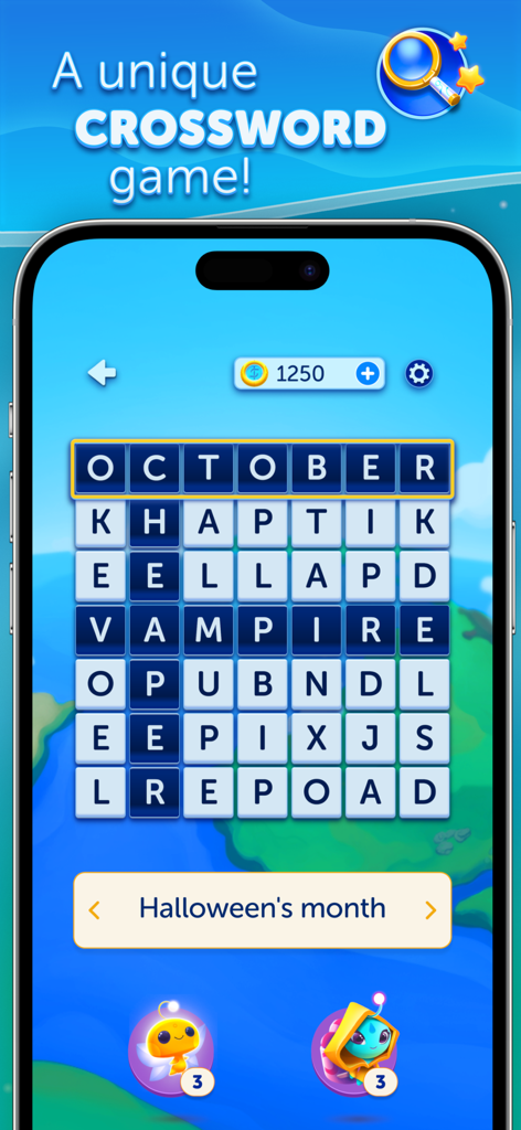 LunaCross-Kreuzworträtsel-Oberfläche auf einem Smartphone mit einem Wortgitter und einem Hinweis zu Halloween.