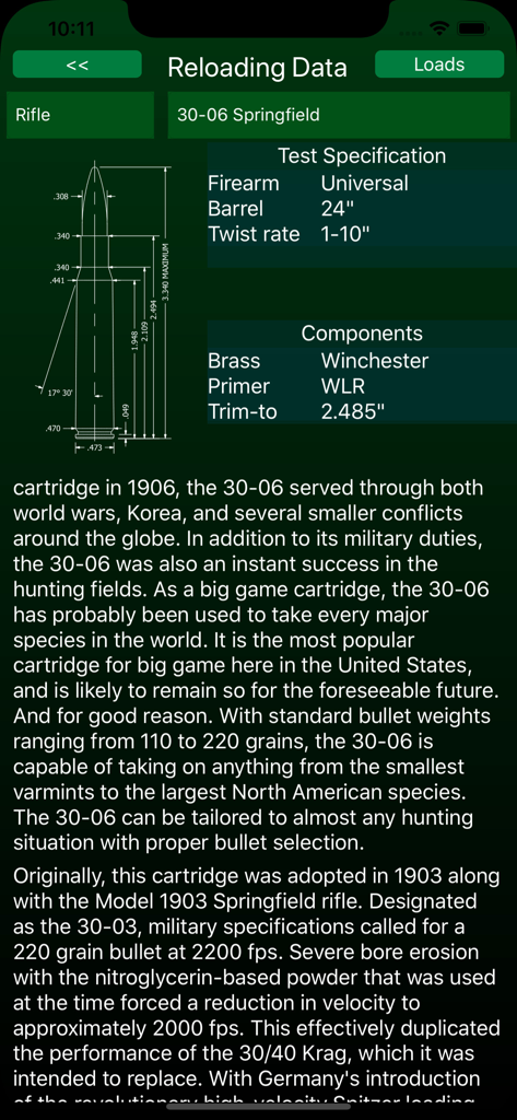 Sierra Reloading Manual app screen showing technical specifications and history for the 3006 Springfield cartridge