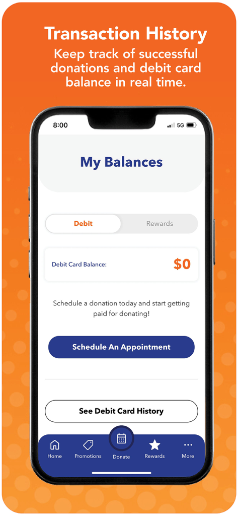 BioLife Plasma Services - 기부 예약 및 거래 내역 보기 옵션이 있는 직불카드 잔액 화면을 보여주는 BioLife Plasma Services 앱.