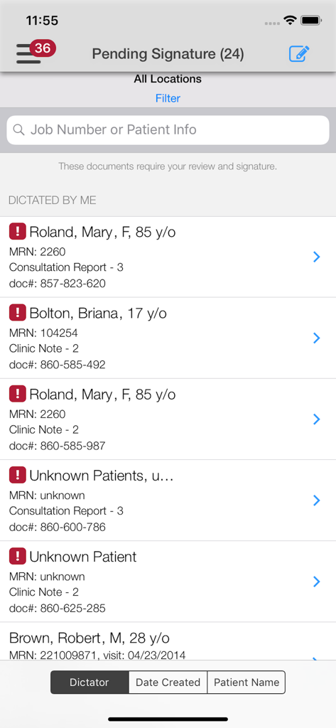 Solventum™ Fluency™ Mobile App - The Pending Signature screen in the Solventum Fluency app displaying clinical documents ready for physician review