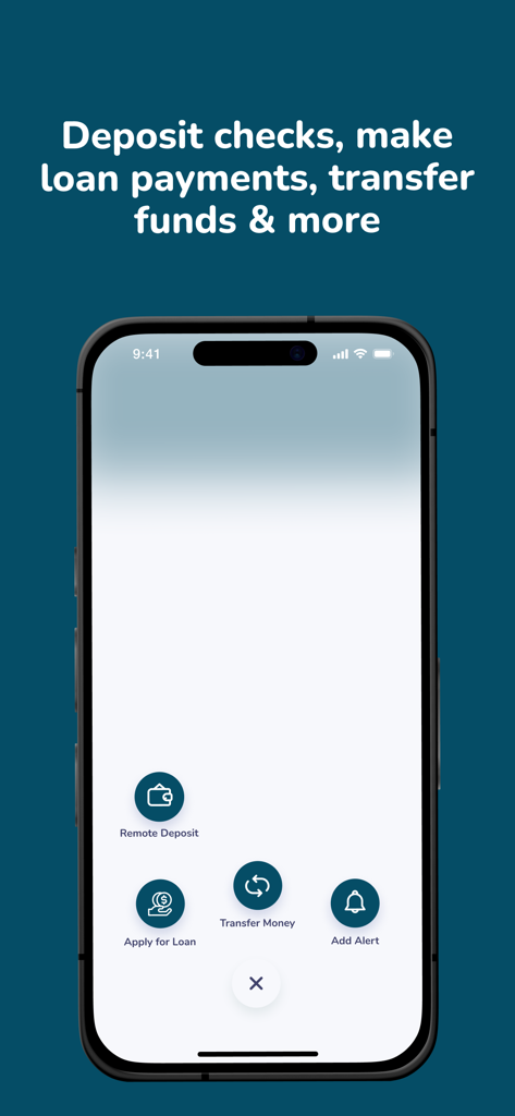 Interfaz de la aplicación móvil PAHO WHO Federal Credit Union que muestra opciones de depósito remoto, solicitud de préstamo y transferencia