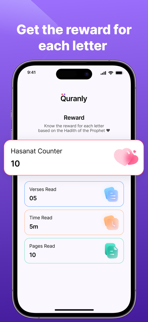 Quranly App-Oberfläche, die einen Hasanat-Zähler und Fortschrittsmetriken für spirituelles Lesen anzeigt