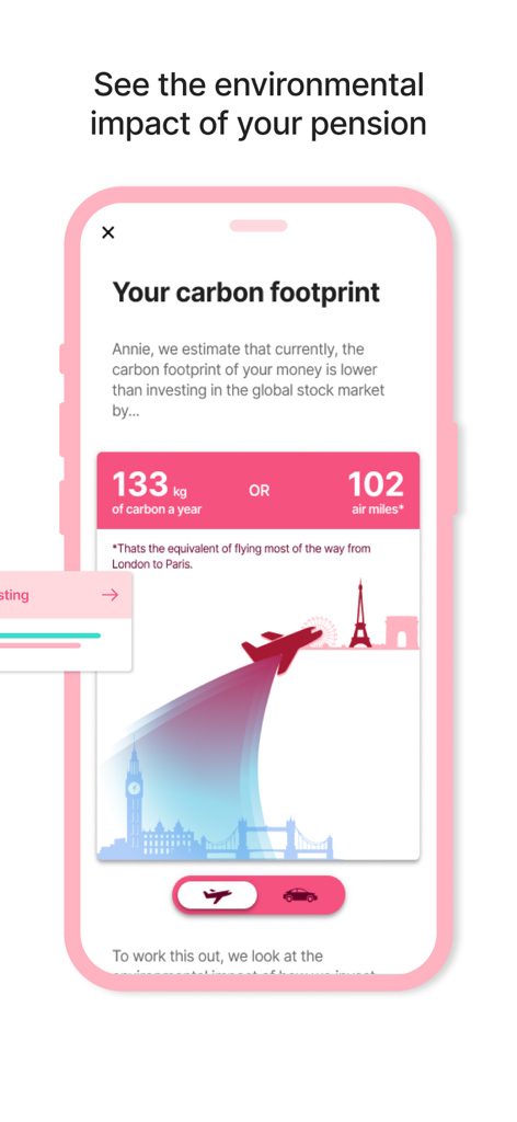LifeSight Pension app displaying the carbon footprint and environmental impact of retirement investments