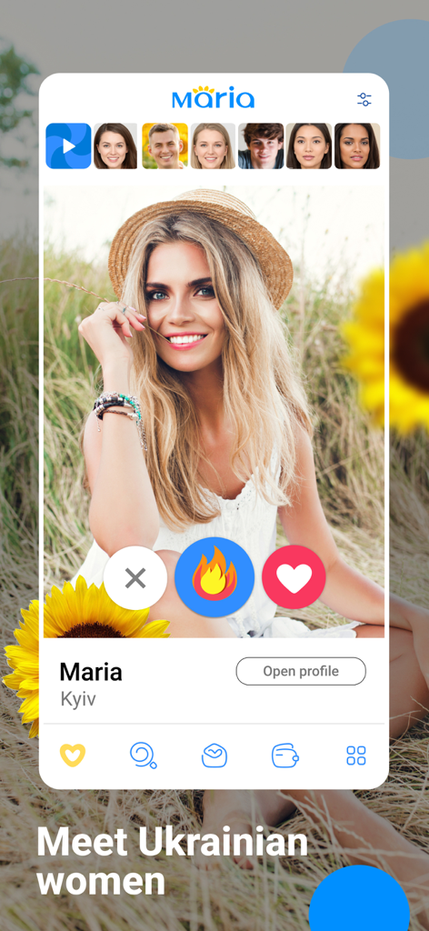 Mobile Benutzeroberfläche der Maria Dating App, die ein Profil einer lächelnden Ukrainerin aus Kiew zeigt