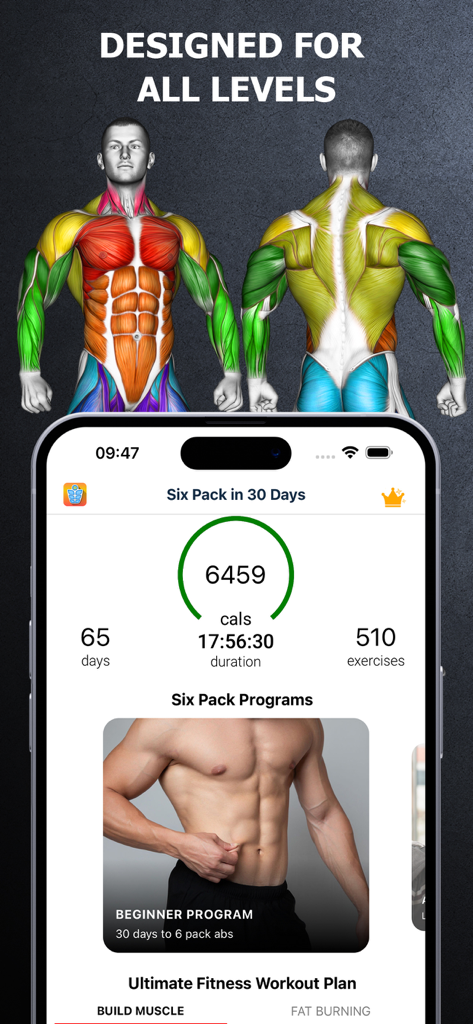 Six Pack in 30 Days - Six Pack in 30 Days app interface showing fitness tracking stats and beginner workout programs.