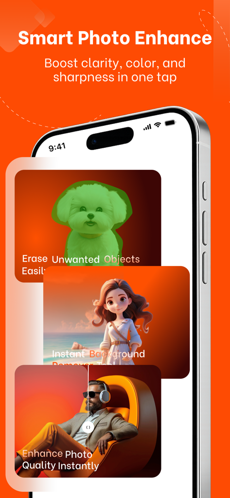 Photo Retouch Remove Objects - Tela do aplicativo móvel exibindo recursos inteligentes de aprimoramento de fotos, incluindo remoção de objetos e edição de fundo