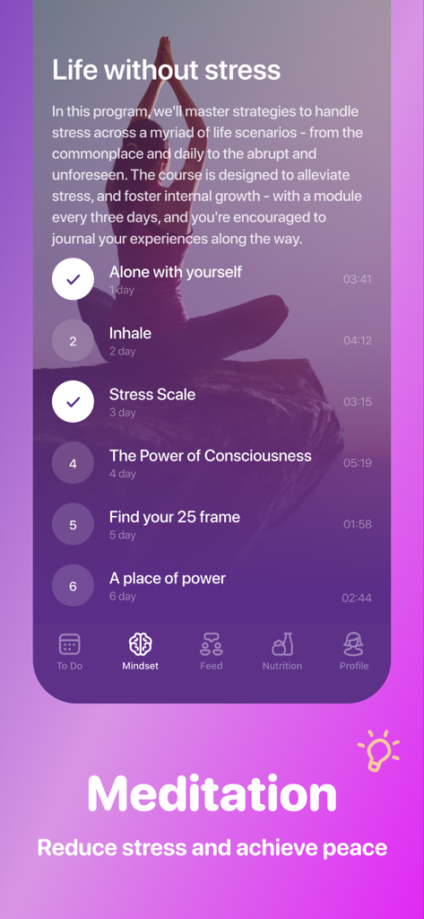 MomsLab app meditation interface showing stress relief courses for postpartum mothers