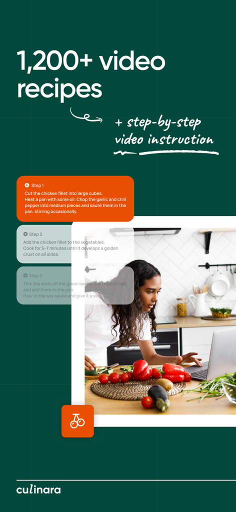Culinara app screen showcasing over 1200 video recipes and step by step instructions for home chefs