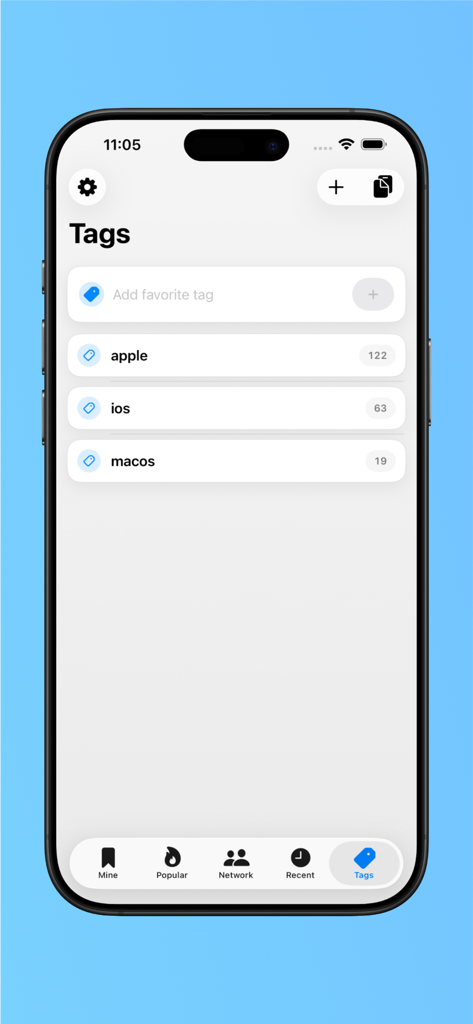 Pinmate for Pinboard - A screenshot of the Pinmate for Pinboard app showing a list of organized bookmark tags including apple, ios, and macos