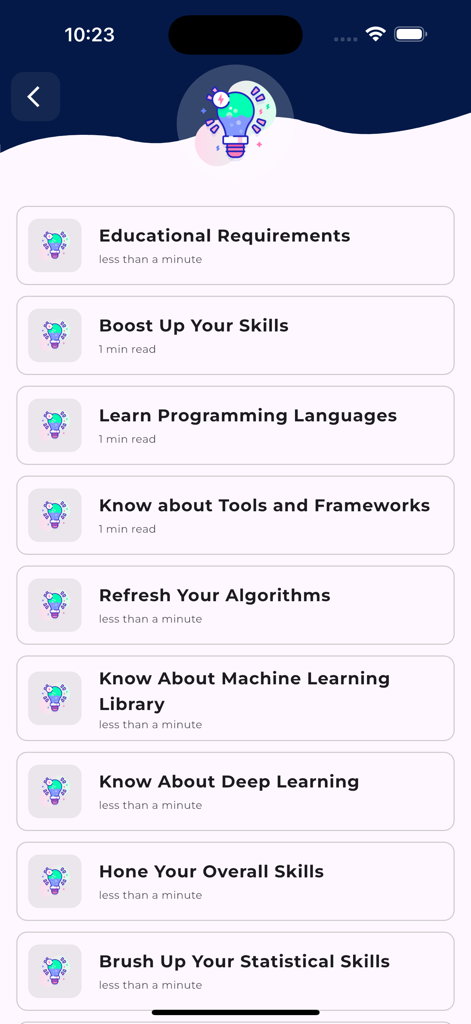 Mobile app interface showing a curriculum list with modules for machine learning programming and deep learning.