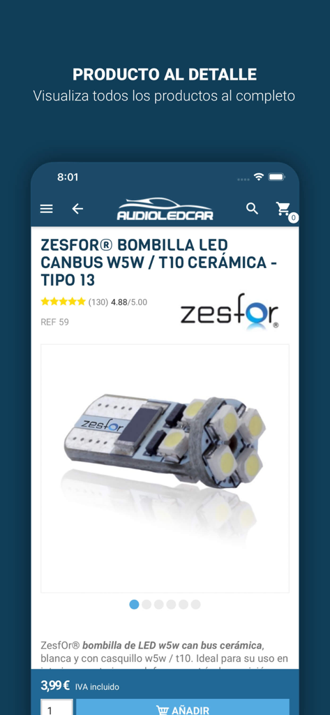 Audioledcar Accesorios Coche - Interfaccia dell'app Audioledcar che mostra una lampadina LED Zesfor per la personalizzazione dell'auto