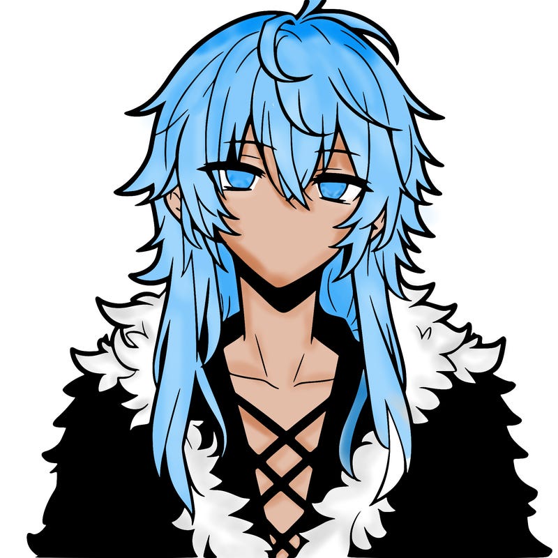 anime guy, long white hair, a red fluffy shirt