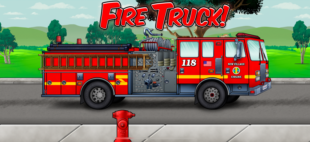 Fire Truck! - A red fire truck illustration with a ladder and fire hydrant in a green landscape