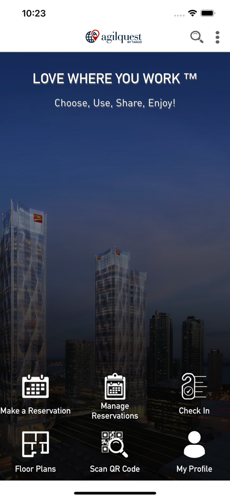 Tango Reserve by AgilQuest - Tango Reserve app home screen showing workspace reservation and check-in options