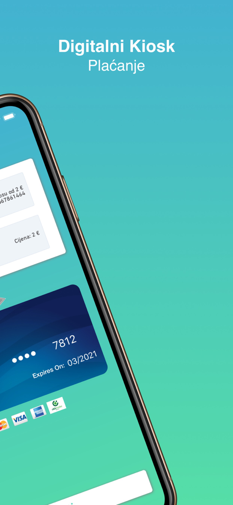 Secure payment interface in the Digitalni Kiosk app showing credit card details and supported payment methods