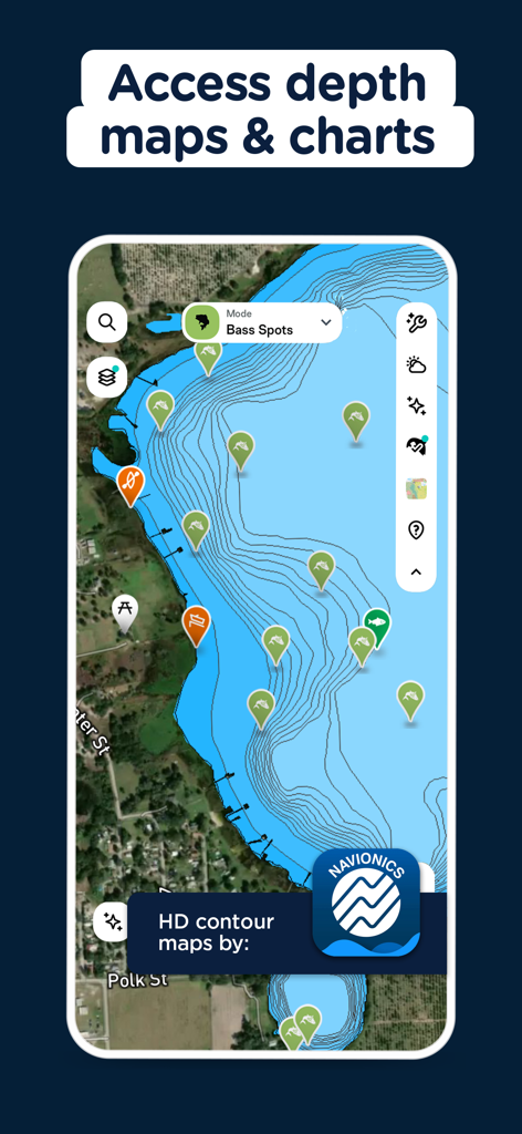 FishAngler - Fish Finder App - FishAngler app interface showing HD contour depth maps and fishing spot markers powered by Navionics