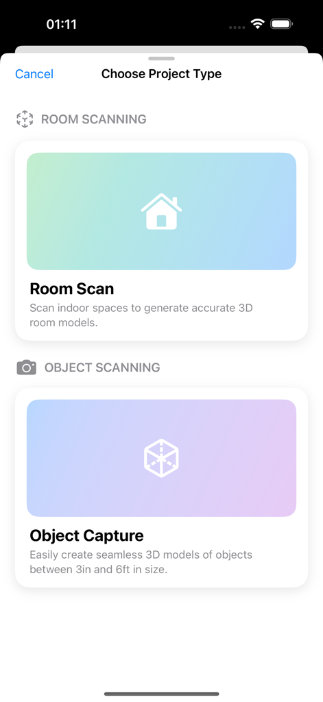3D Scanner Lite - 3D 스캐너 Lite 앱 인터페이스에 방 스캔 및 객체 캡처 옵션이 표시됩니다.