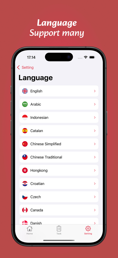 School Timetable & Task - Language selection screen in the School Timetable and Task app
