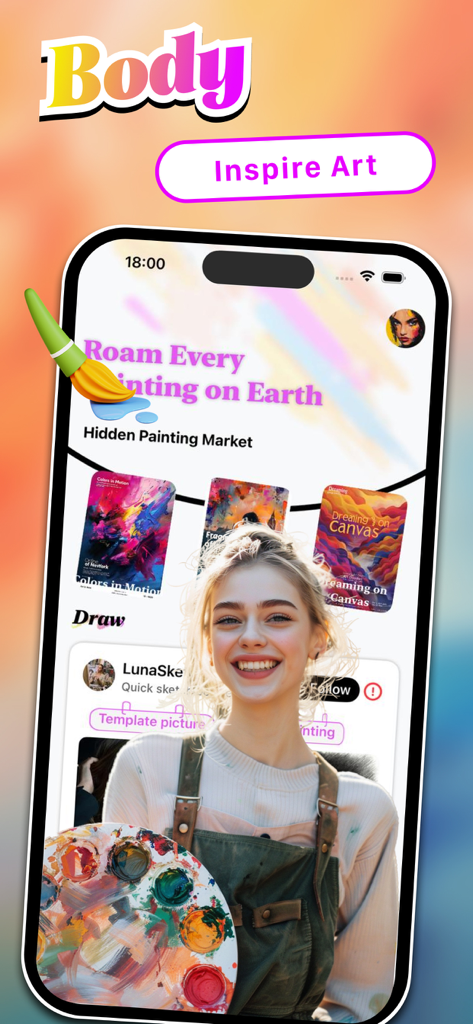 Interface of the Tinko app showing art exhibitions and a young female creator with a paint palette.
