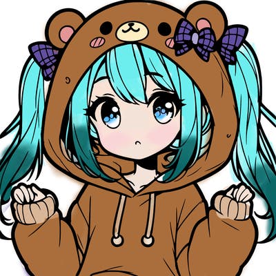 cute anime girl with ponytails and a cute bear hoodie