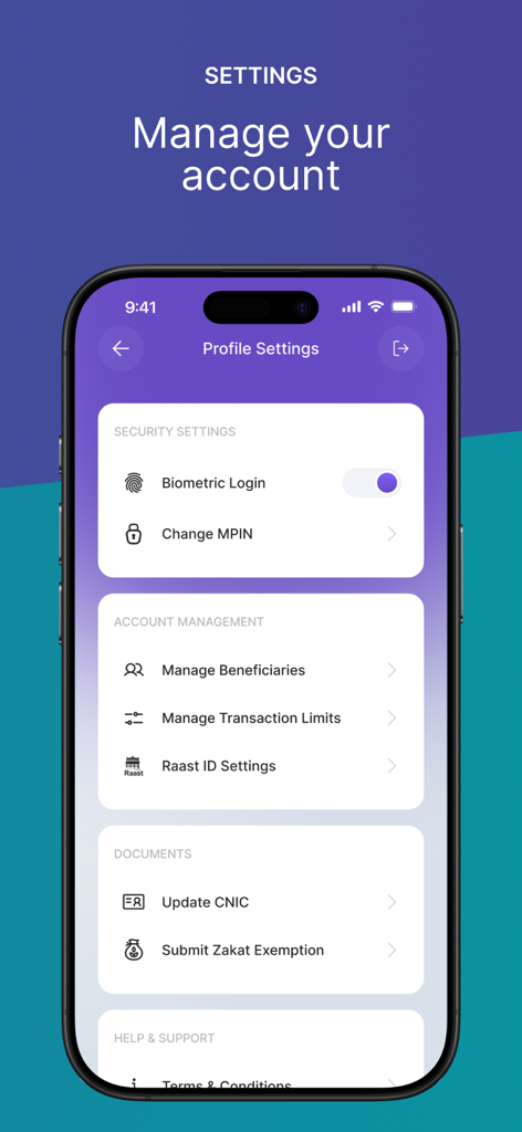 A screenshot of the Raqami Islamic Digital Bank app profile settings menu showing security and account management options.