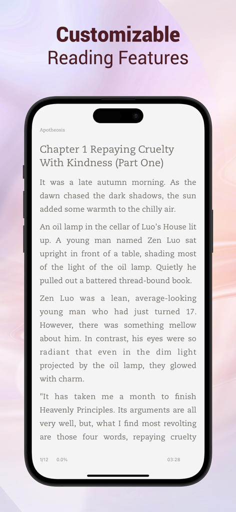 Oberfläche der Mobilis-App, die ein Kapitel einer fiktiven Geschichte mit anpassbaren Leseoptionen zeigt.