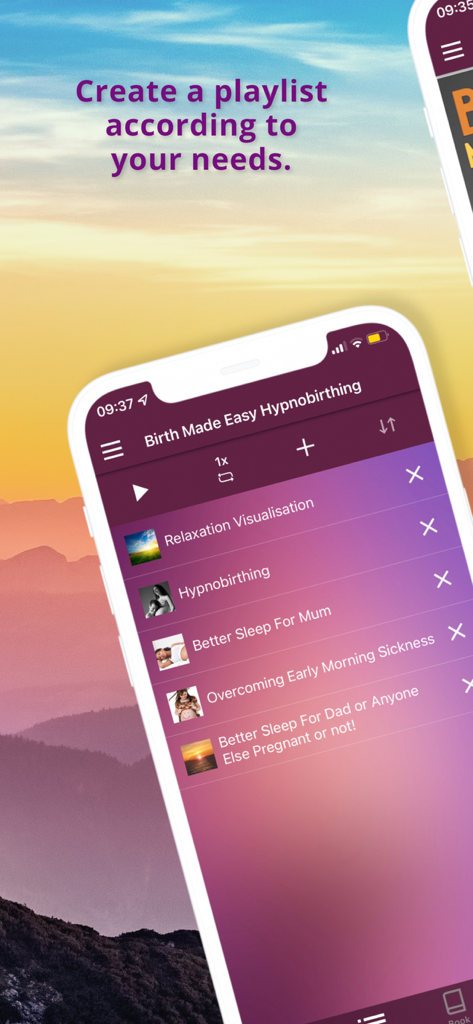 임신 중 이완과 수면을 위한 맞춤형 오디오 재생 목록을 보여주는 최면출산 모바일 앱 인터페이스