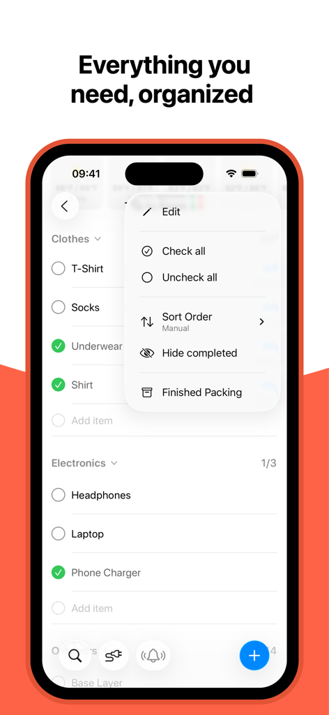 Packing List – Pack, Repeat - Una aplicación de lista de equipaje de viaje que muestra categorías organizadas para ropa y electrónica en un iPhone.