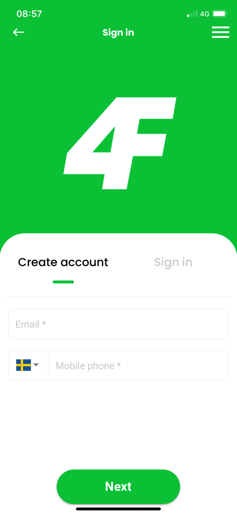 Use4Free - The create account screen of the Use4Free trailer sharing app.