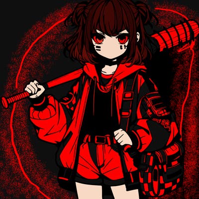 an anime girl with a baseball bat and streetwear