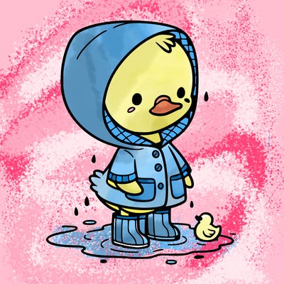 baby duck in a rain coat and boots, in a puddle while it’s raining