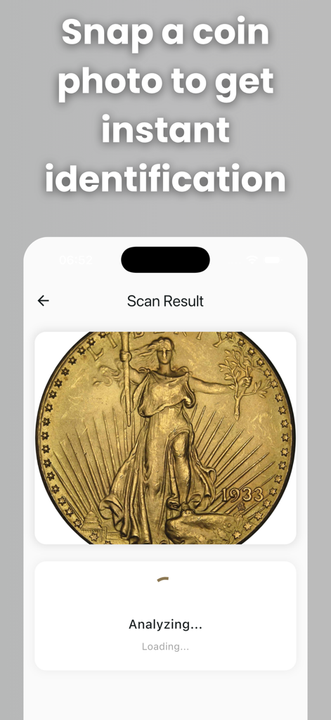 Coin Identifier: AI Value Scan - A mobile app interface showing a gold coin being analyzed for instant identification.