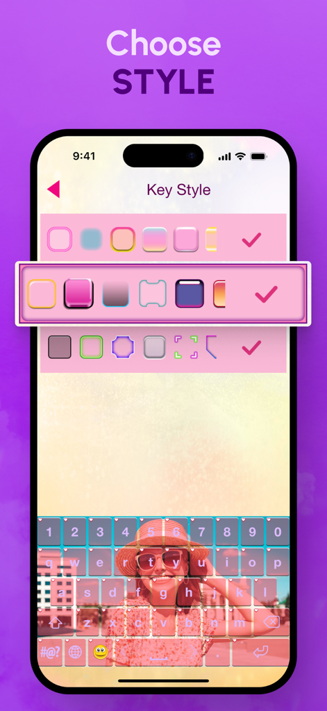 Photo Keyboard Theme Changer - Interfaccia mobile per selezionare diversi stili di tasti della tastiera e visualizzare in anteprima uno sfondo fotografico personalizzato.