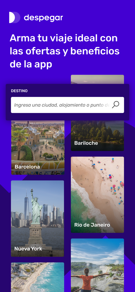 Despegar mobile app interface showing destination search bar and popular travel locations