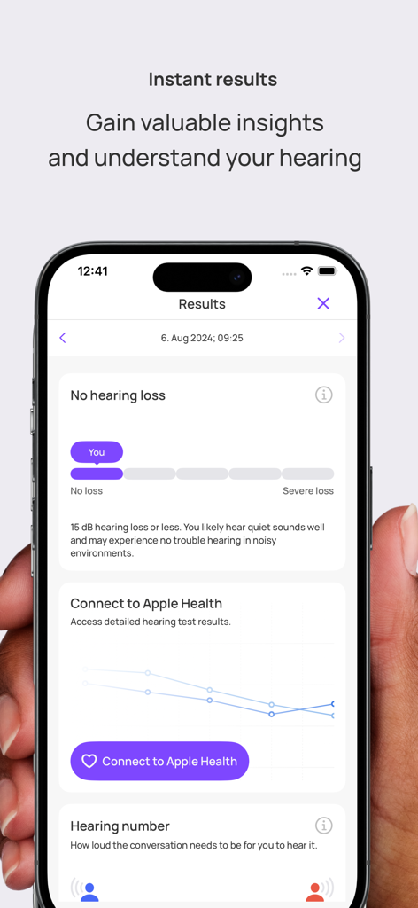 Mimi Hearing Test results screen showing auditory insights and Apple Health connection