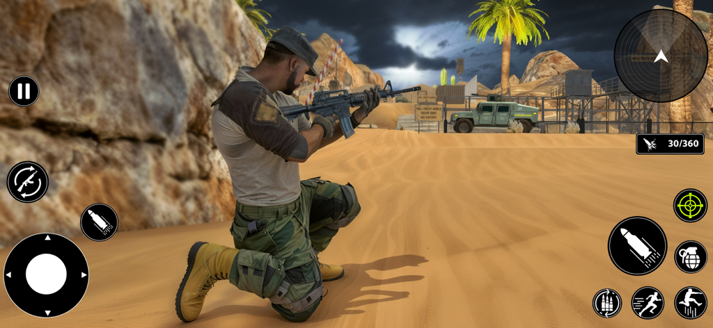 Elite Soldier: War Survival - A military commando kneeling and aiming an assault rifle in a desert warzone
